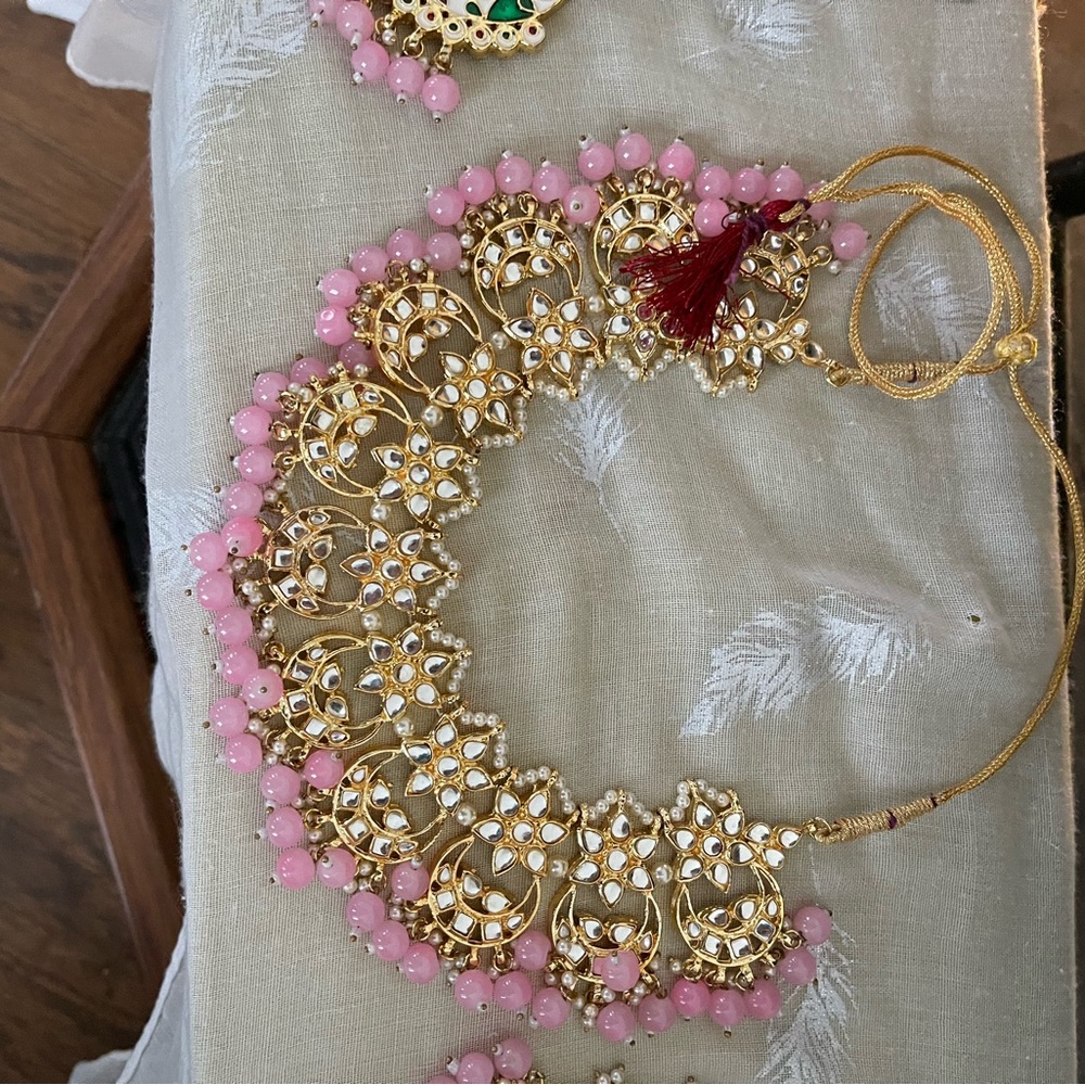 Gold tone and Pink Beaded Necklace